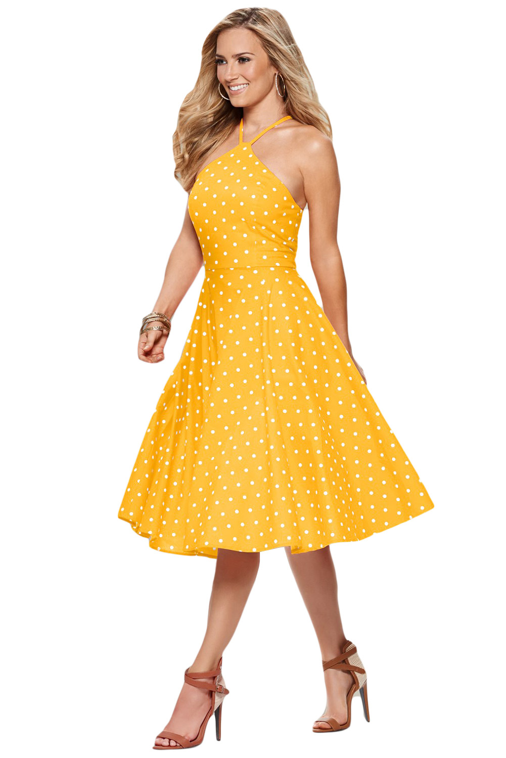 BY610141-7 Yellow White Polka Dot Flared Vintage Dress